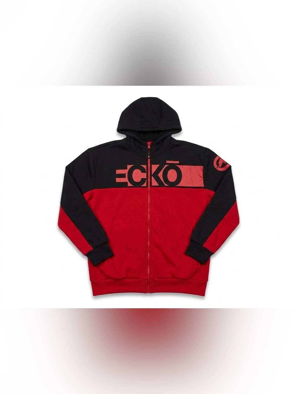 Ecko Unltd Mens 2XL Sherpa Lined Hoodie Red Black Spellout Full Zip Heavy Jacket